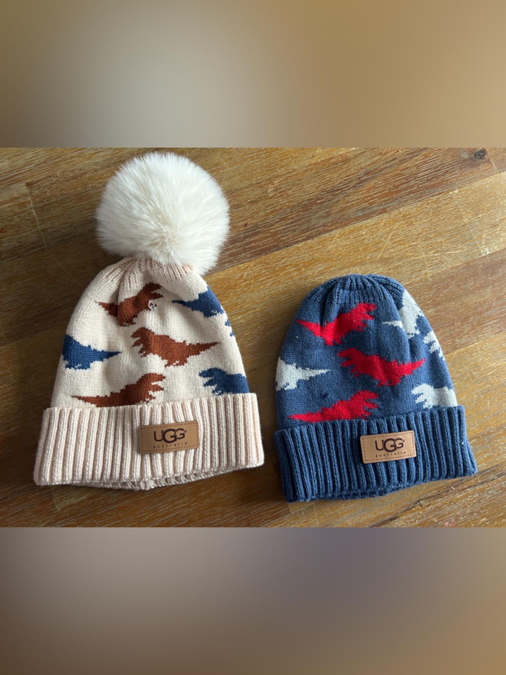 UGG Baby Dinosaur Patterned Knit Beanies in Navy, Cream & Red